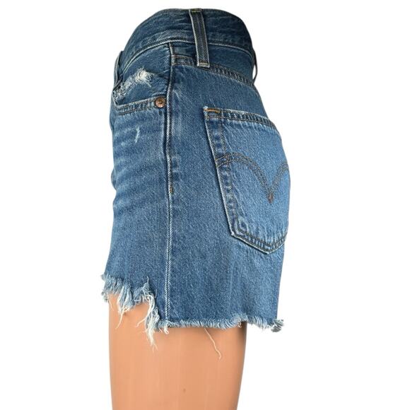 Levi's Ribcage Women's Blue High Waisted Distressed Cutoff Denim Jean Shorts 25 - Picture 2 of 6
